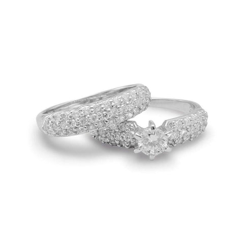 Wedding Ring Engagement Set Pave Cubic Zirconia Rhodium on Sterling Silver