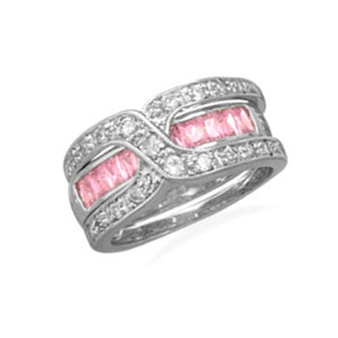 Pink and Clear Cubic Zirconia Band Ring with Guard Rhodium on Sterling Silver