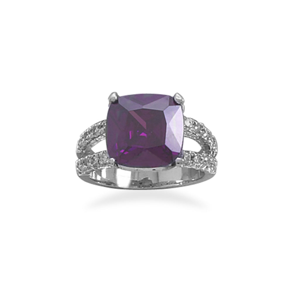 Purple Cubic Zirconia Ring Soft Square with Split Band Rhodium Plated Sterling Silver