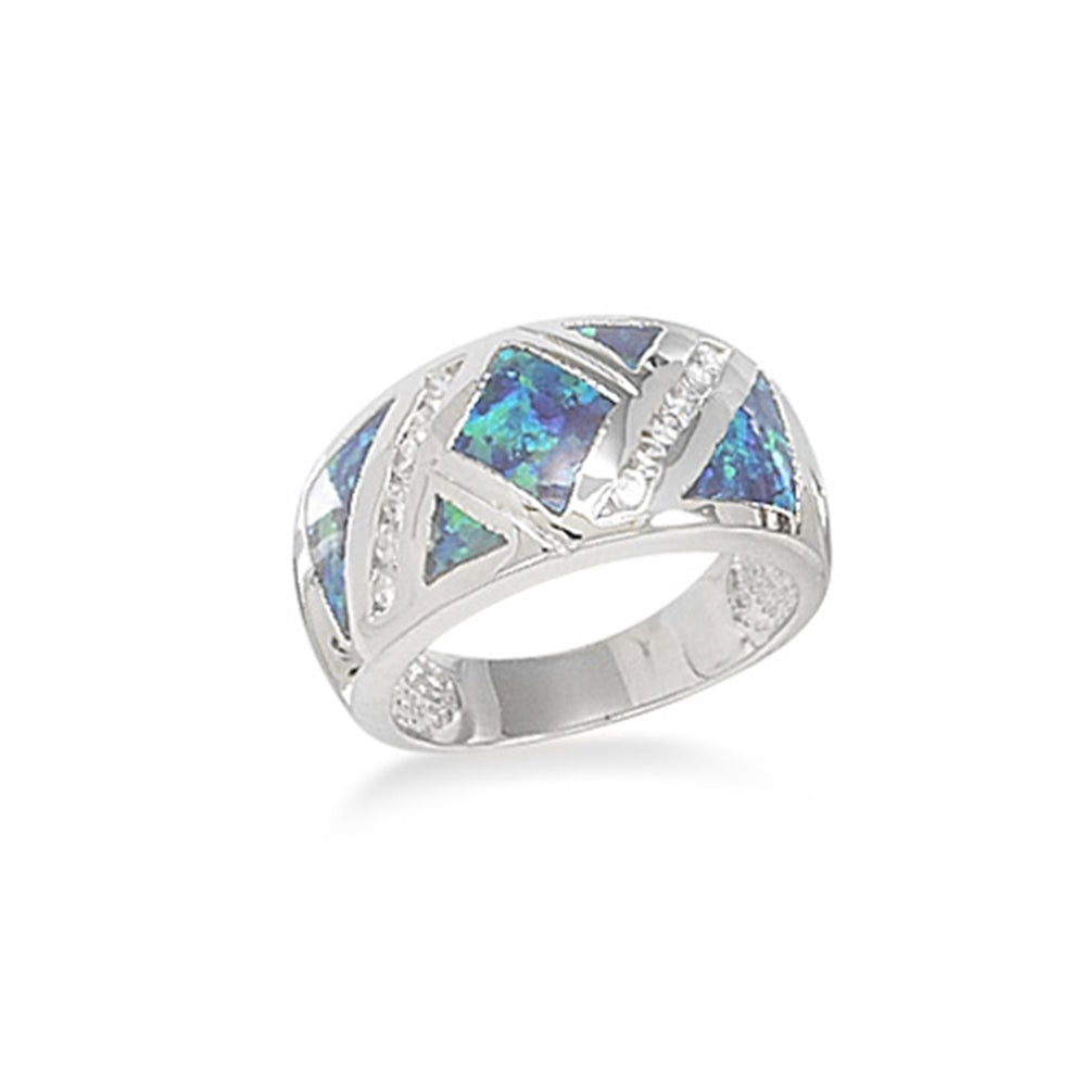 Synthetic Blue Opal Band Ring Cubic Zirconia Accents Sizes 6-9 Sterling Silver