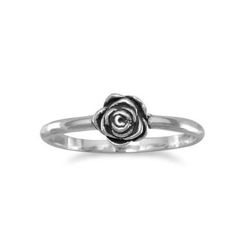 Flower Rose Ring Pinkie Ring Small Antiqued Sterling Silver