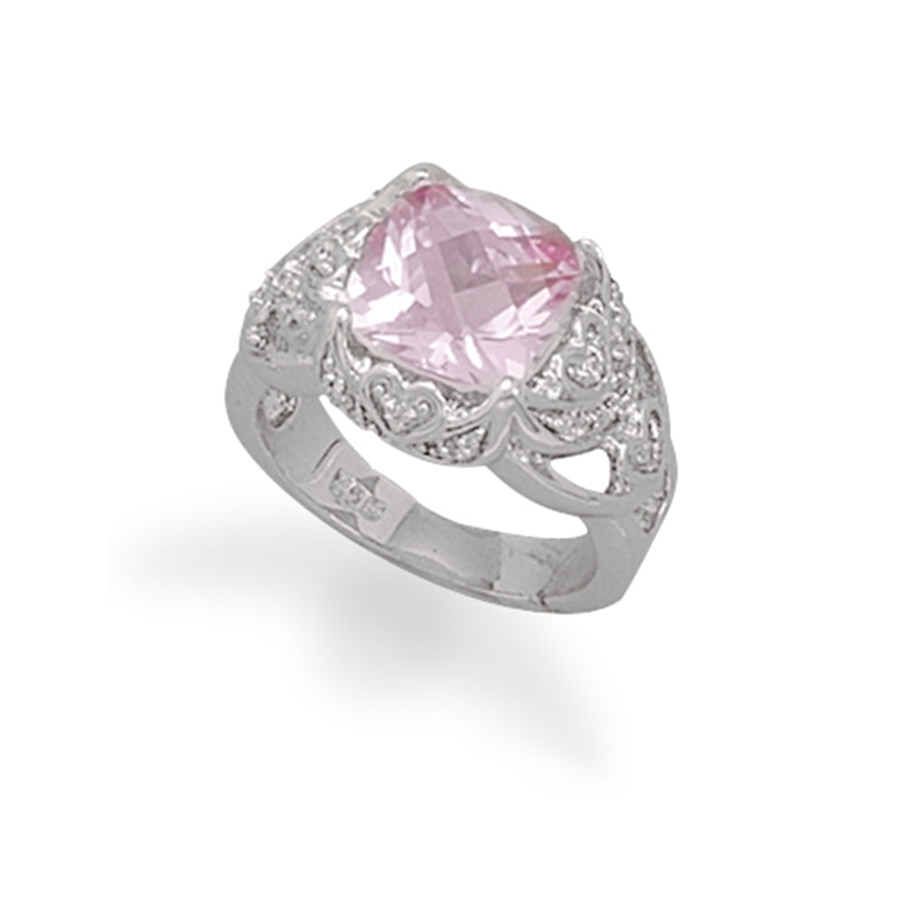 Synthetic Pink Sapphire and Pave Cubic Zirconia Ring Rhodium on Sterling Silver