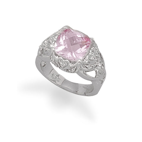 Synthetic Pink Sapphire and Pave Cubic Zirconia Ring Rhodium on Sterling Silver