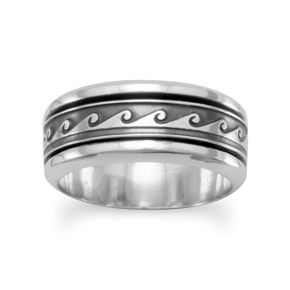 Spin Ring with Wave Design Mens Womens Sizes Antiqued Sterling Silver