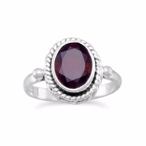 Faceted  Garnet Ring Oval Sterling Silver Rope Design