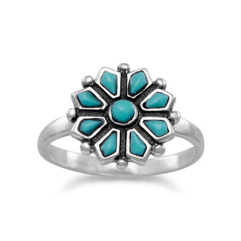 Reconstituted Turquoise Stone Flower Ring Sterling Silver