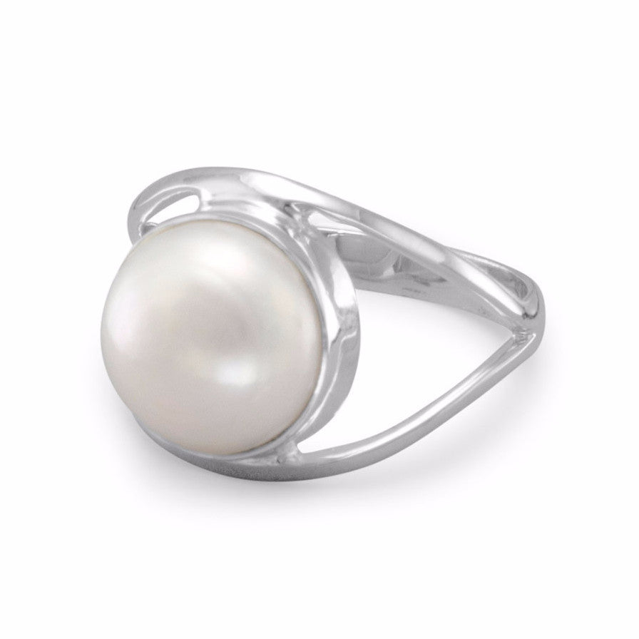 White Cultured Freshwater Pearl 10mm Open Split Band Ring Sterling Silver