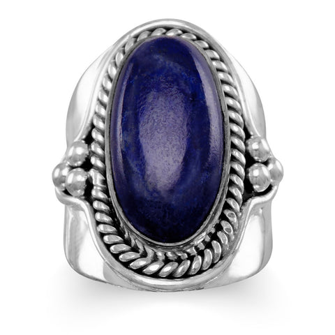 Lapis Lazuli Rope and Bead Polished Band Sterling Silver Ring