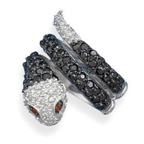 Snake Ring with Clear and Black Cubic Zirconia Sterling Silver, Size 8