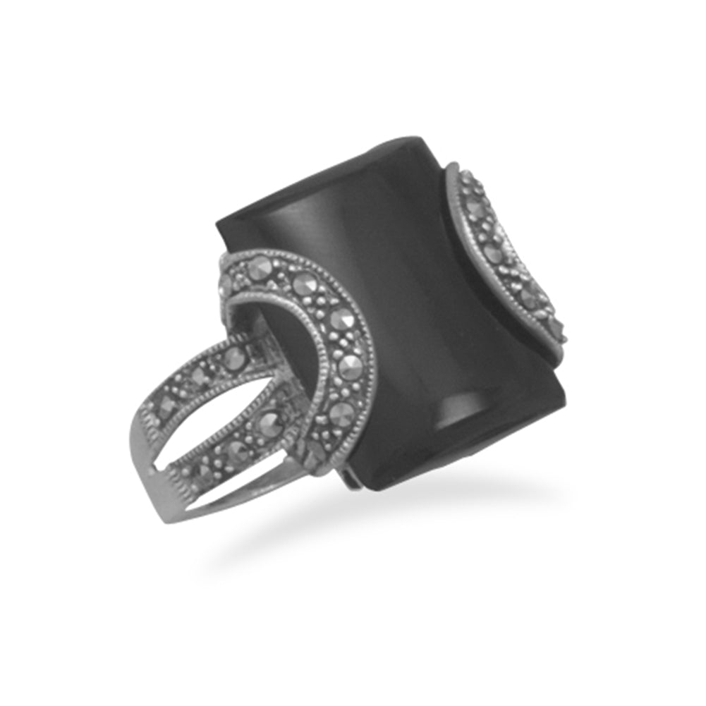 14K Rose Gold Emerald Cut Engagement Rings Black Onyx Ring - LisaJewelryUS