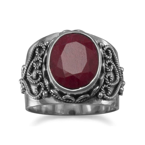 Dyed Red Corundum Ring with Rope Heart Design Sterling Silver