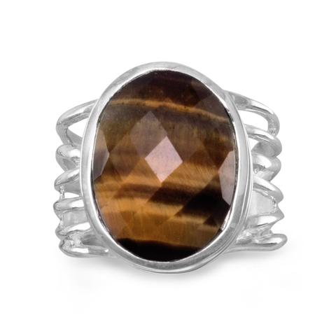 Tiger Eye Faceted Oval Multilayer Band Sterling Silver Ring