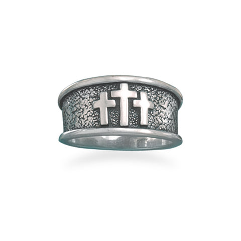 Three Cross Ring Antiqued Sterling Silver Tapered Band - Made in the USA