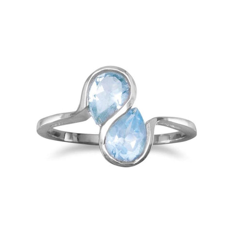 Teardrop Blue Topaz Ring Wavy S Design Band 2-stone Sterling Silver