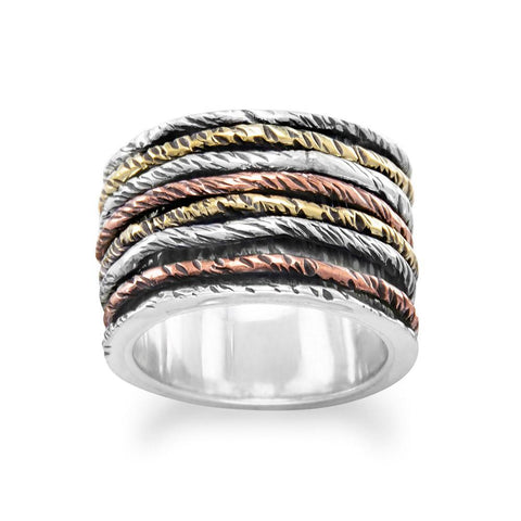 Spin Band Ring with Tri Tone Bands Yellow and Rose Gold Over Sterling Silver