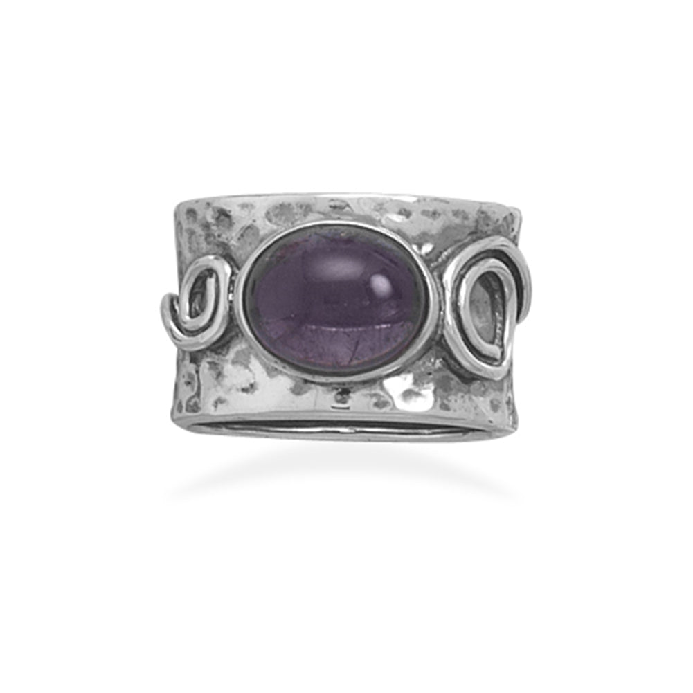 Oval Amethyst Ring Sterling Silver Wide Band with Scroll Design