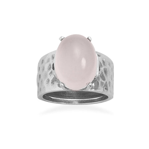 Pink Dyed Rose Quartz Wide Band Ring Hammered Sterling Silver, 8