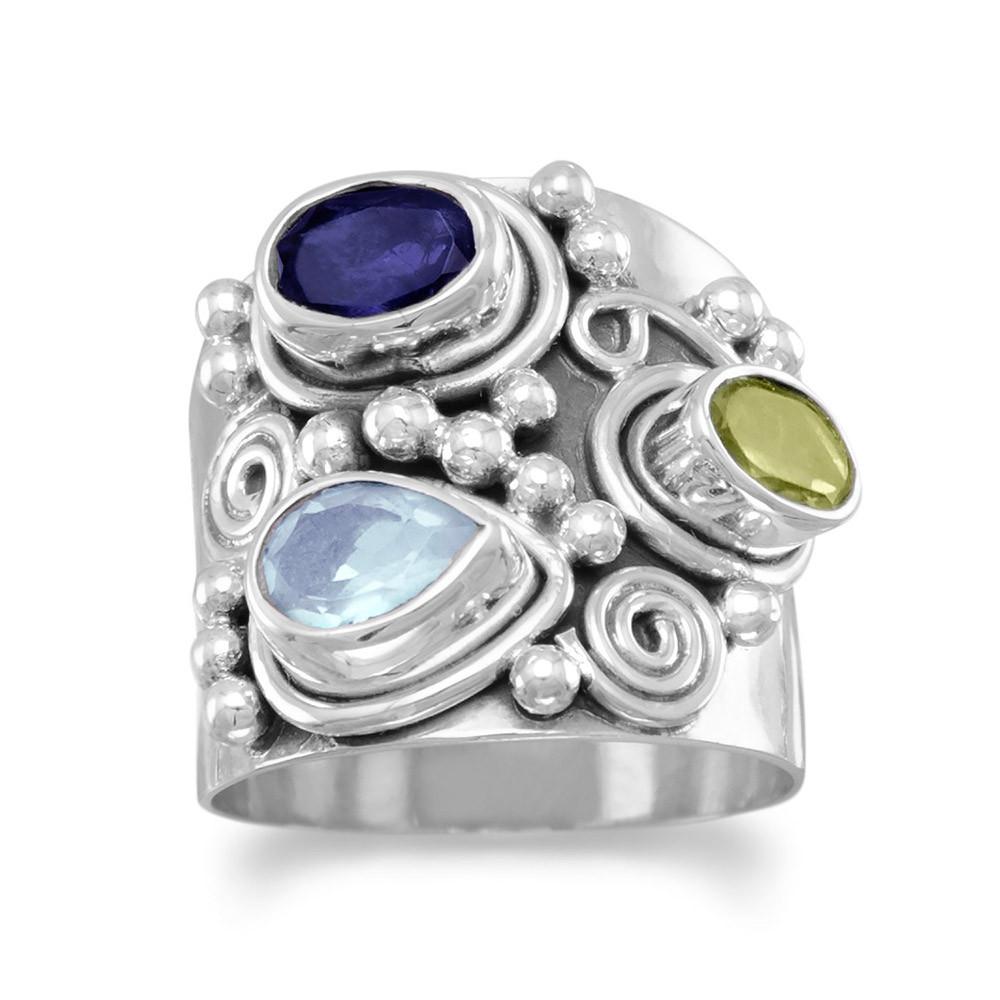 Etruscan Wide Band Three Stone Iolite, Peridot, Blue Topaz Sterling Silver Ring