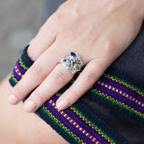 Etruscan Wide Band Three Stone Iolite, Peridot, Blue Topaz Sterling Silver Ring