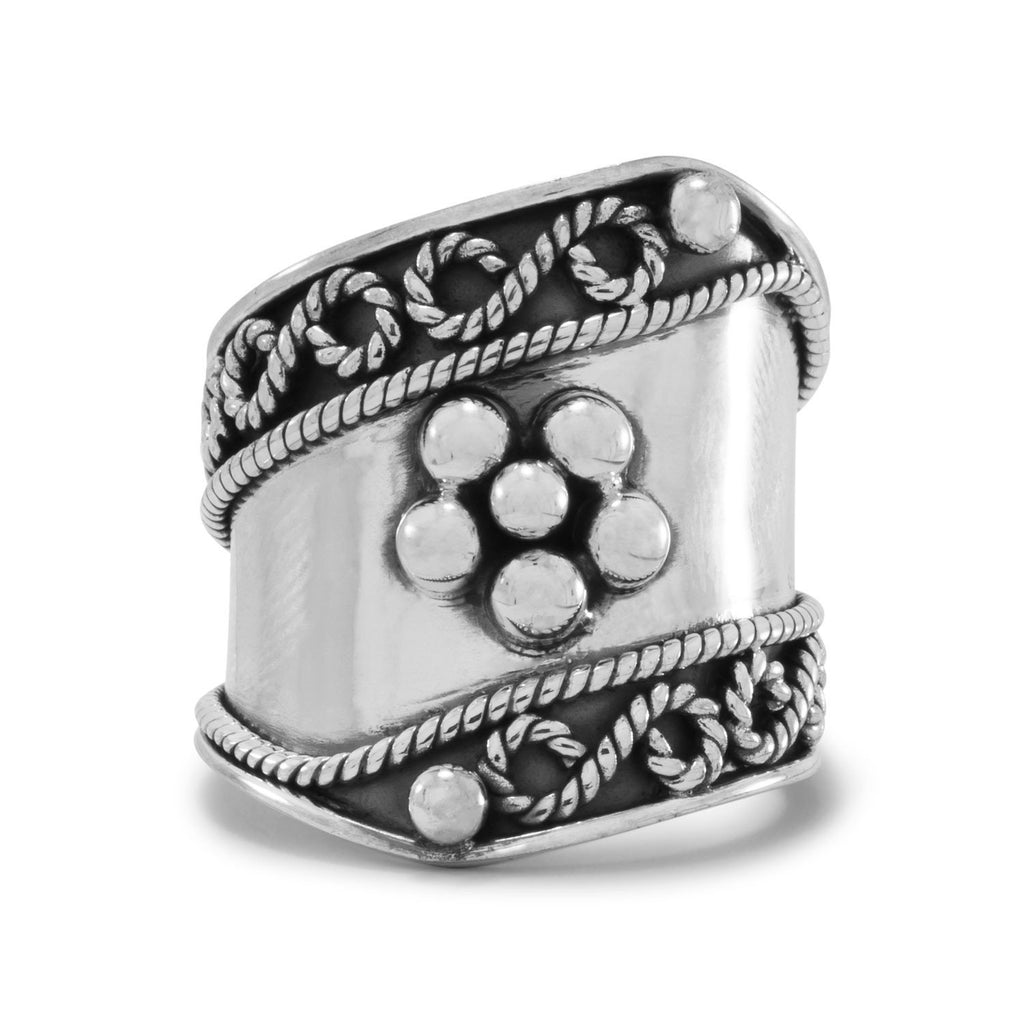 Flower Bead and Rope Design Wide Band Ring Sterling Silver