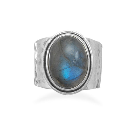 Labradorite Ring with Hammered Sterling Silver Band, Size 6