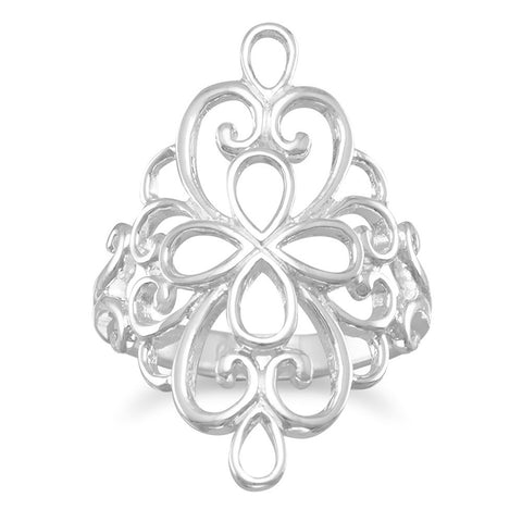 Large Filigree Ring Polished Cut Out Design Sterling Silver