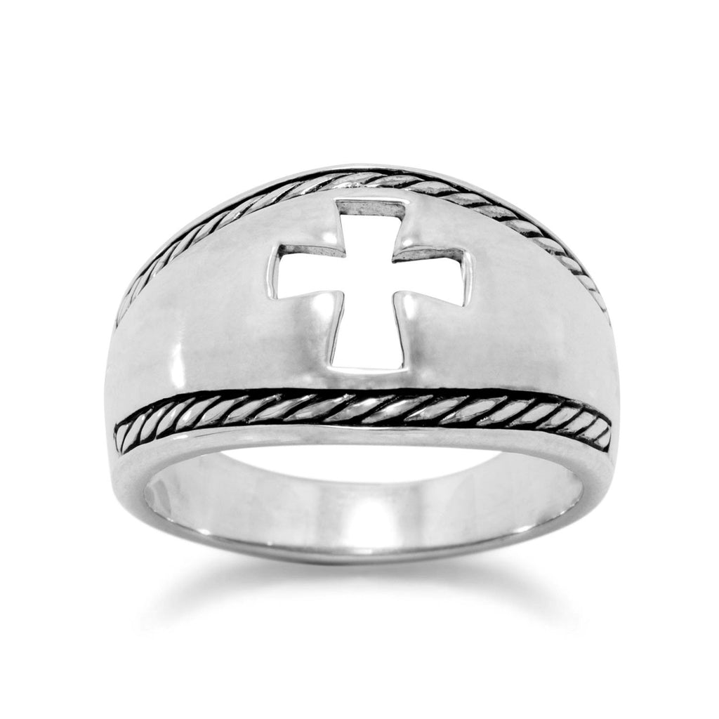 Girls Sterling Cross Ring with decorative border and raised Cross