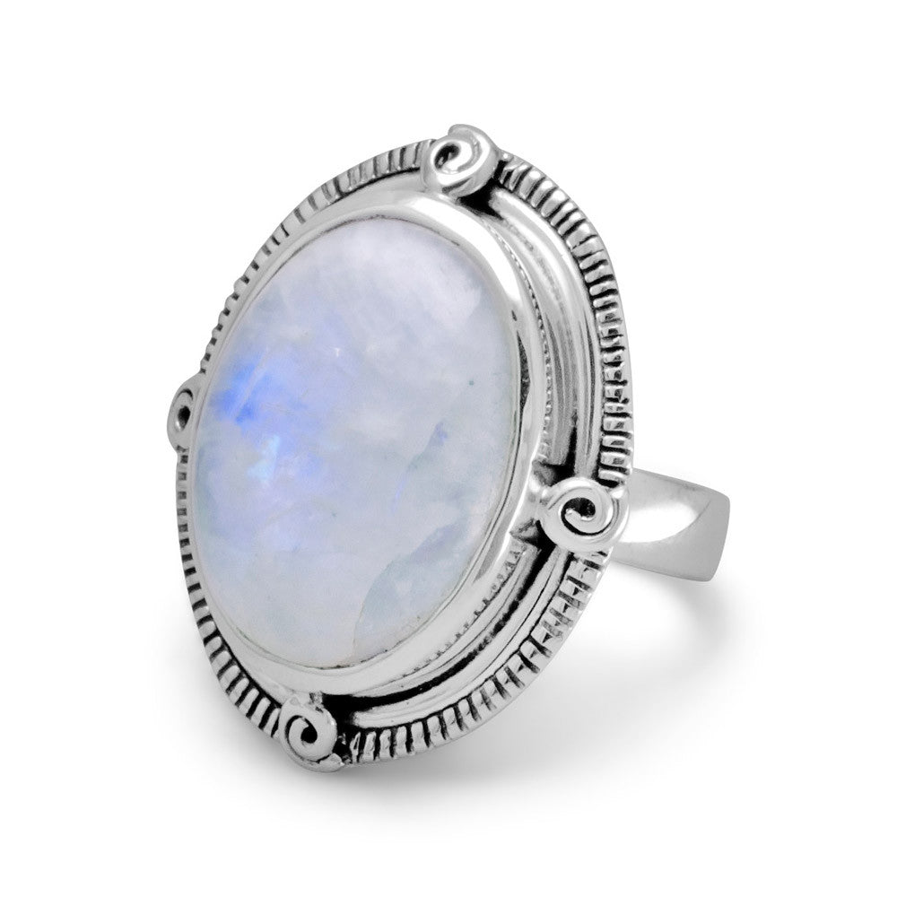 Oval Rainbow Moonstone Ring Spiral Coil Accents Antiqued Sterling Silver