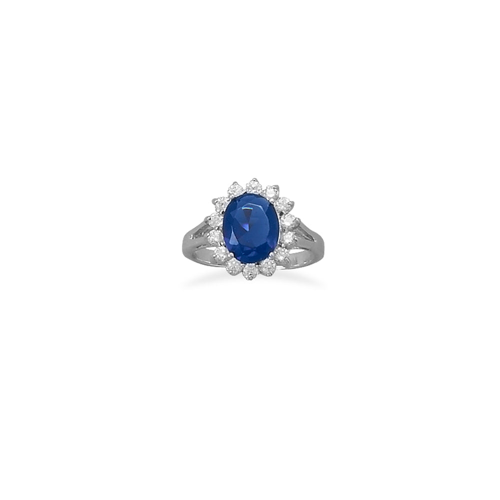 Blue Oval and Clear Cubic Zirconia Ring Sterling Silver with Rhodium Plate, 8