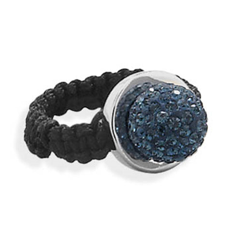 Dark Blue Pave Crystal Ball Ring with Black Macrame Band Sterling Silver