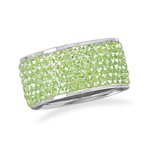 Wide Band Ring Pave Green Crystal 10.5mm Sterling Silver