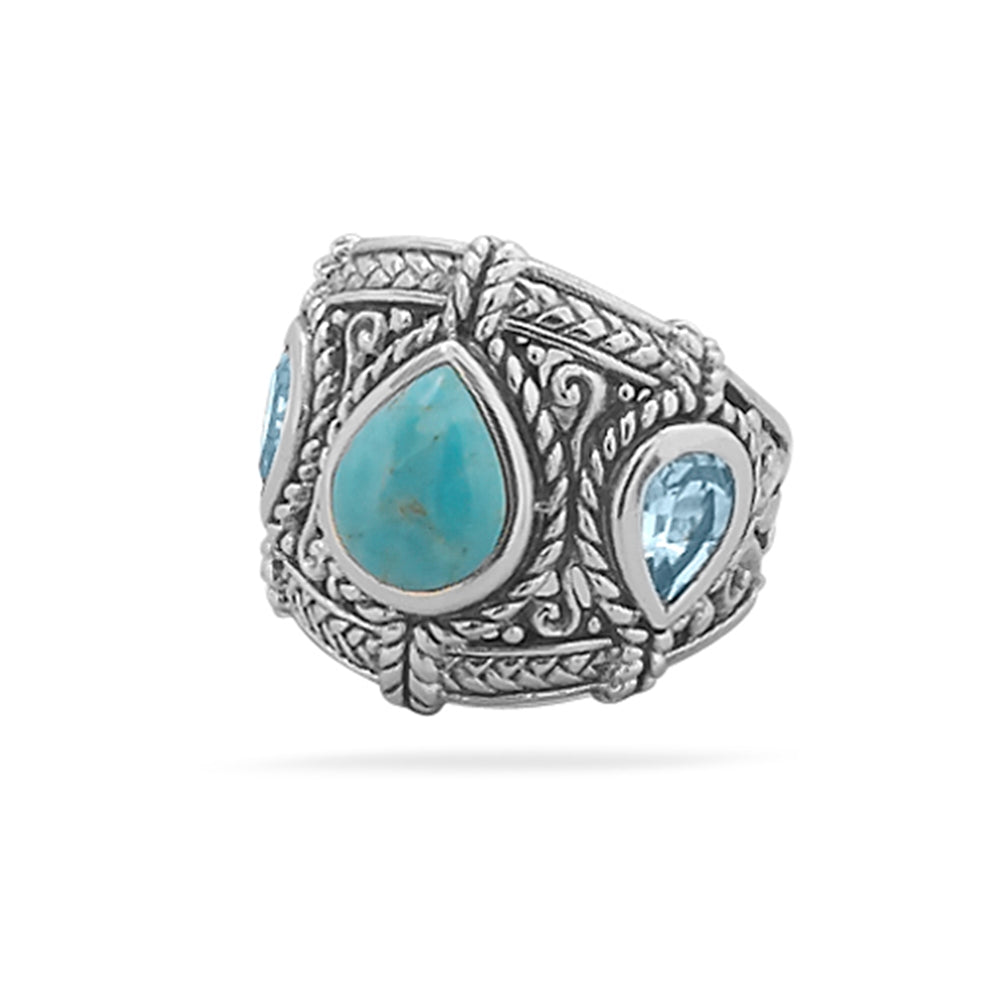 Reconstituted Turquoise and Blue Topaz Ring Sterling Silver Band Antique Finish