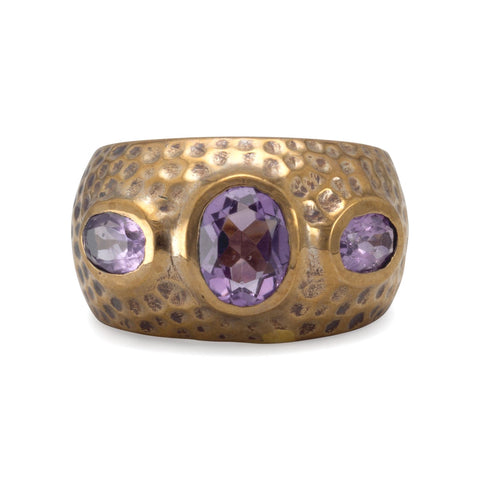 Three Stone Amethyst Ring Hammered Bronze Graduated Band