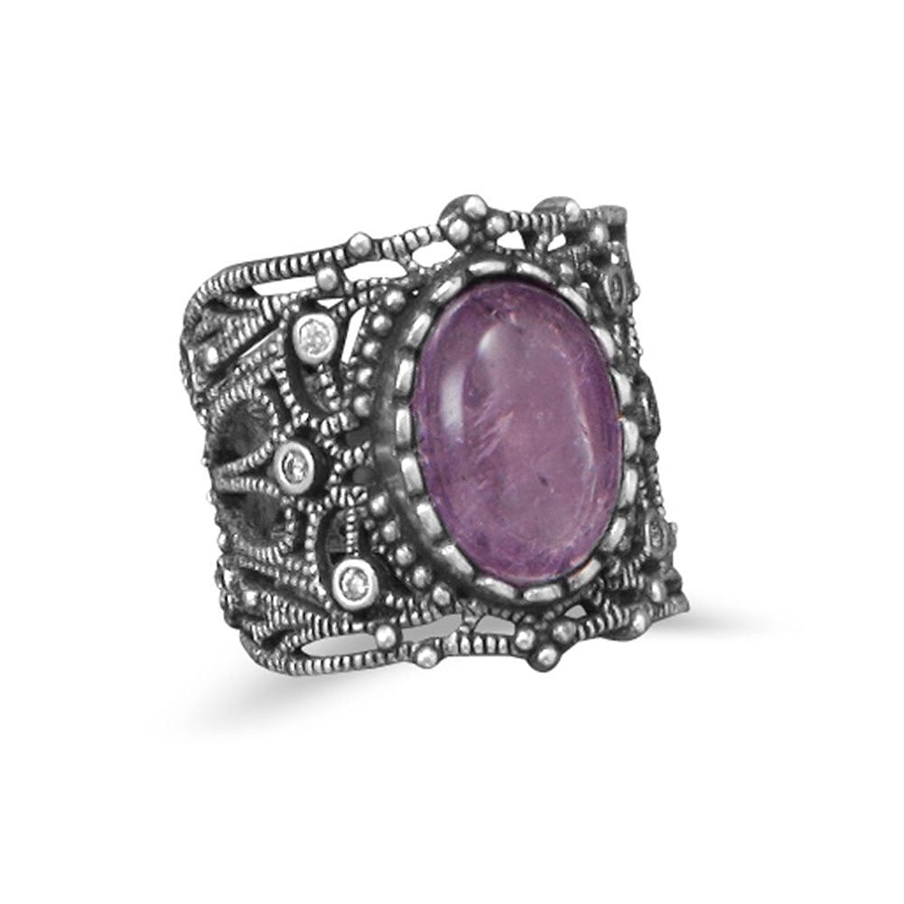 Wide Band Vintage Style Amethyst Ring with Cubic Zirconia CZ Accents