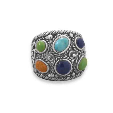 Wide Ring with Six Stones Sterling Silver