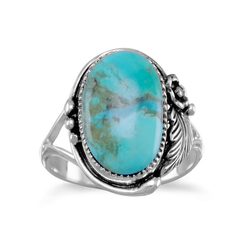 Leaf and Vine Design Reconstituted Turquoise Ring Sterling Silver