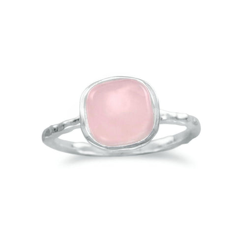 Stackable Ring Dyed Rose Quartz Sterling Silver Square Shape Hammered Texture