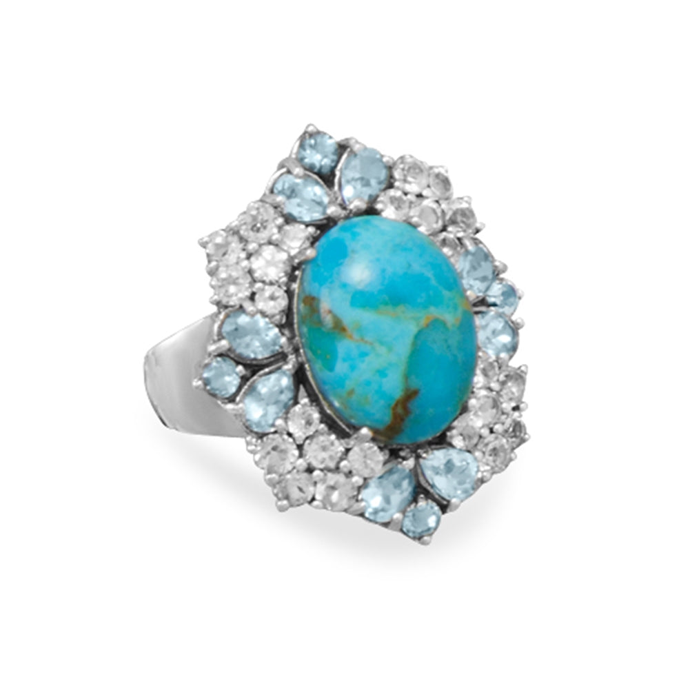 Reconstituted Turquoise Ring with Blue and White Topaz Sterling Silver
