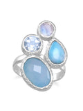 Blue Dyed Chalcedony, Larimar, Blue Topaz, and Moonstone Ring Sterling Silver