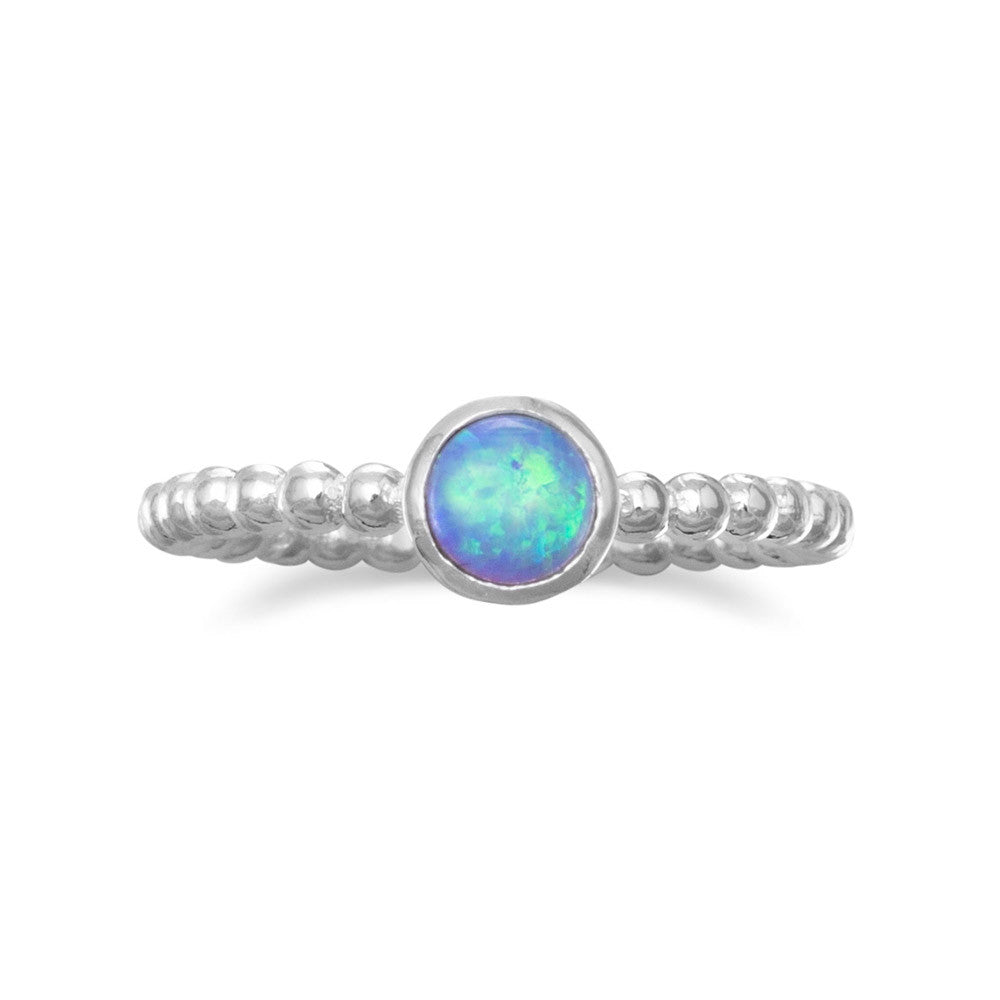 Blue Synthetic Opal Ring Round Shape Bead Design Band Sterling Silver