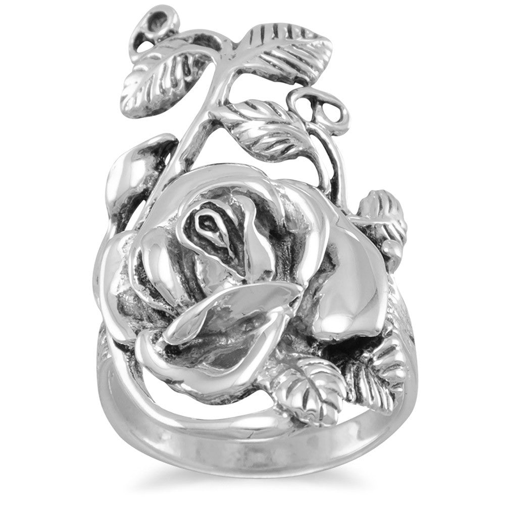 Rose Flower Ring with Leaves and Vines Antiqued Sterling Silver