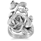 Rose Flower Ring with Leaves and Vines Antiqued Sterling Silver