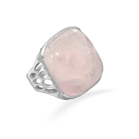 Rose Dyed Quartz Square Ring Open Sides Satin Finish Rhodiium on Sterling Silver