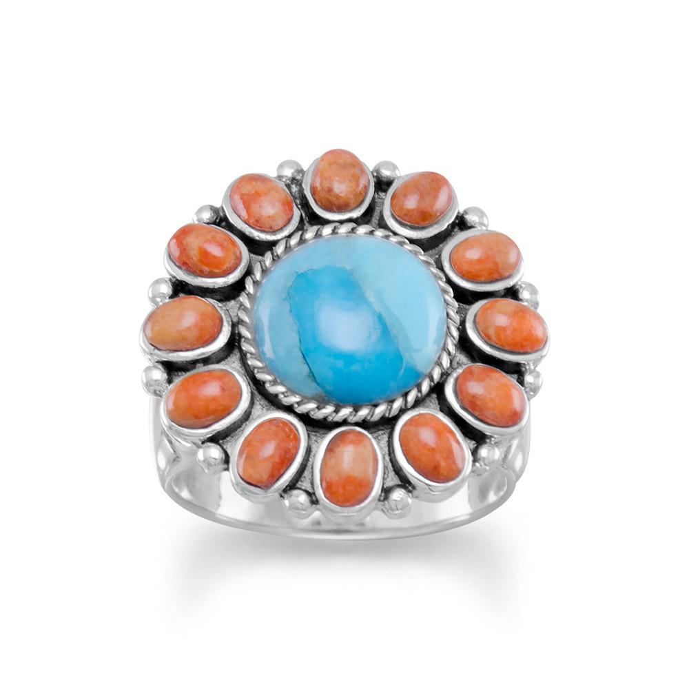 Sterling Silver Reconstituted Turquoise and Coral Flower Sunburst Ring