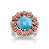 Sterling Silver Reconstituted Turquoise and Coral Flower Sunburst Ring