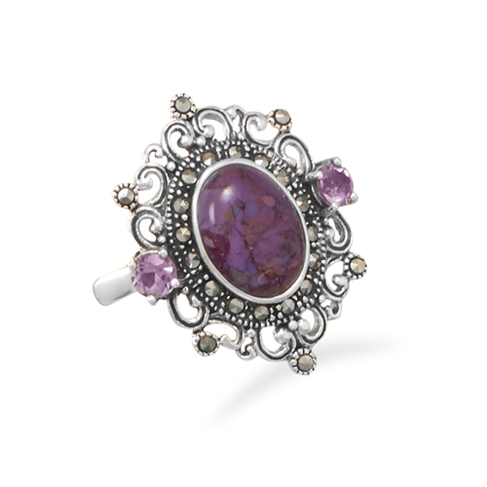 Purple Reconstituted Turquoise Ring with Amethyst and Marcasite Sterling Silver
