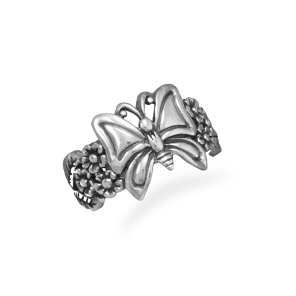 Butterfly Ring with Flowers Band Antiqued Sterling Silver