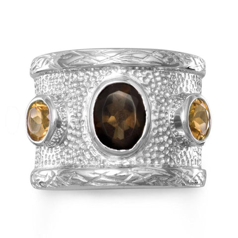 Wide Band Ring with Yellow Citrine and Smoky Quartz Sterling Silver, Sizes 6-10