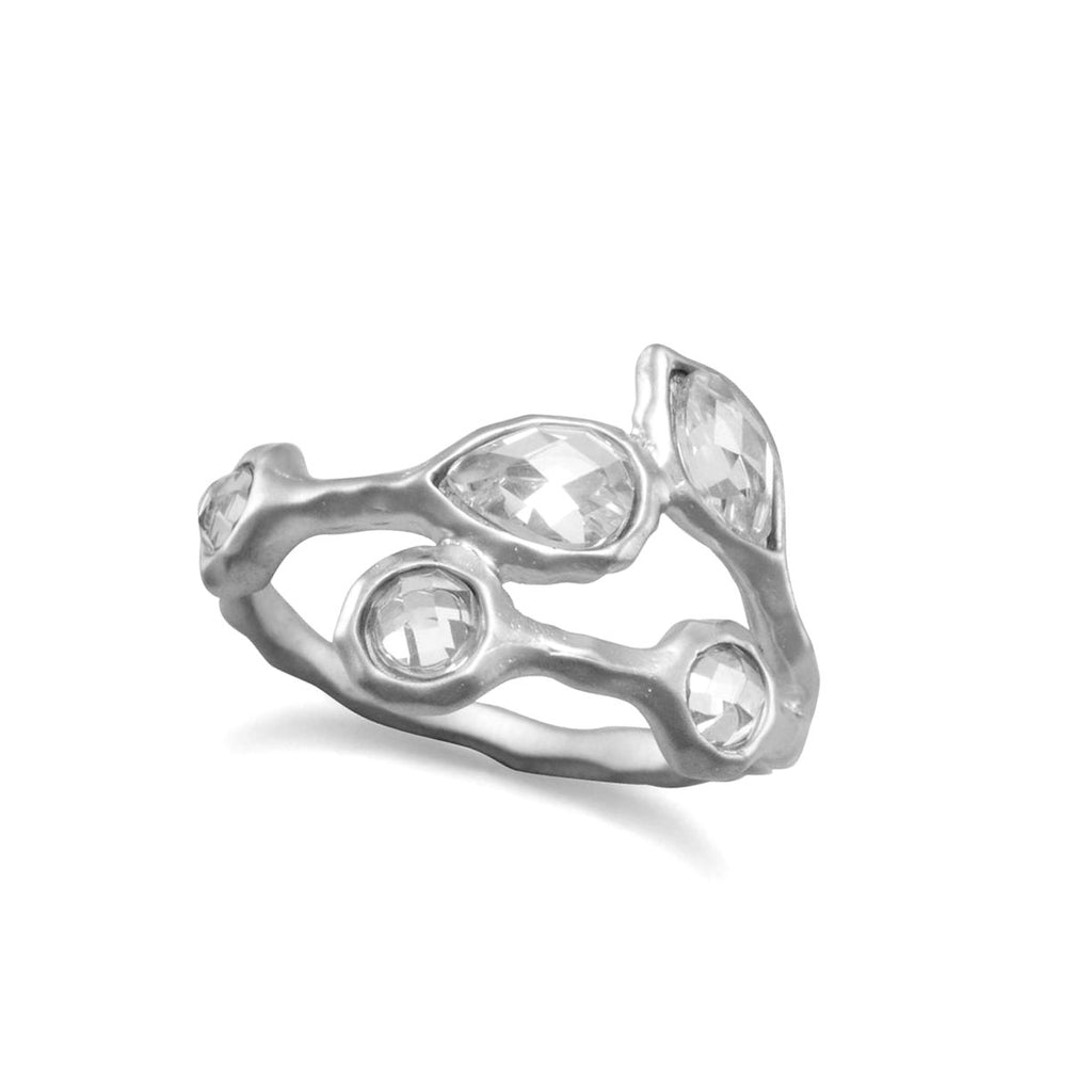 Vine and Leaf Ring with Cubic Zirconia Rhodium on Sterling Silver Nontarnish