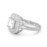 Octagon Shape Pave Cubic Zirconia Ring with Square CZ Center Rhodium on Silver